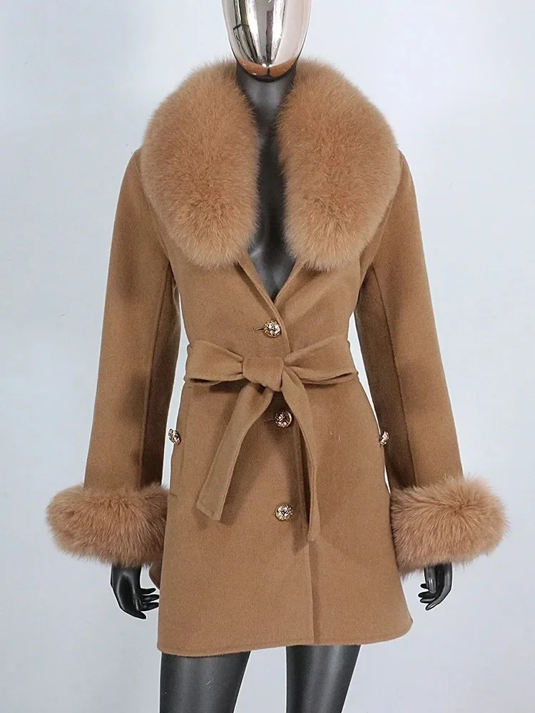 Wool Woolen Outerwear Fashion Streetwear Natural Fox Fur Collar Jacket Women Cuffs Belt Cashmere 2024 Winter Real Fur Coat