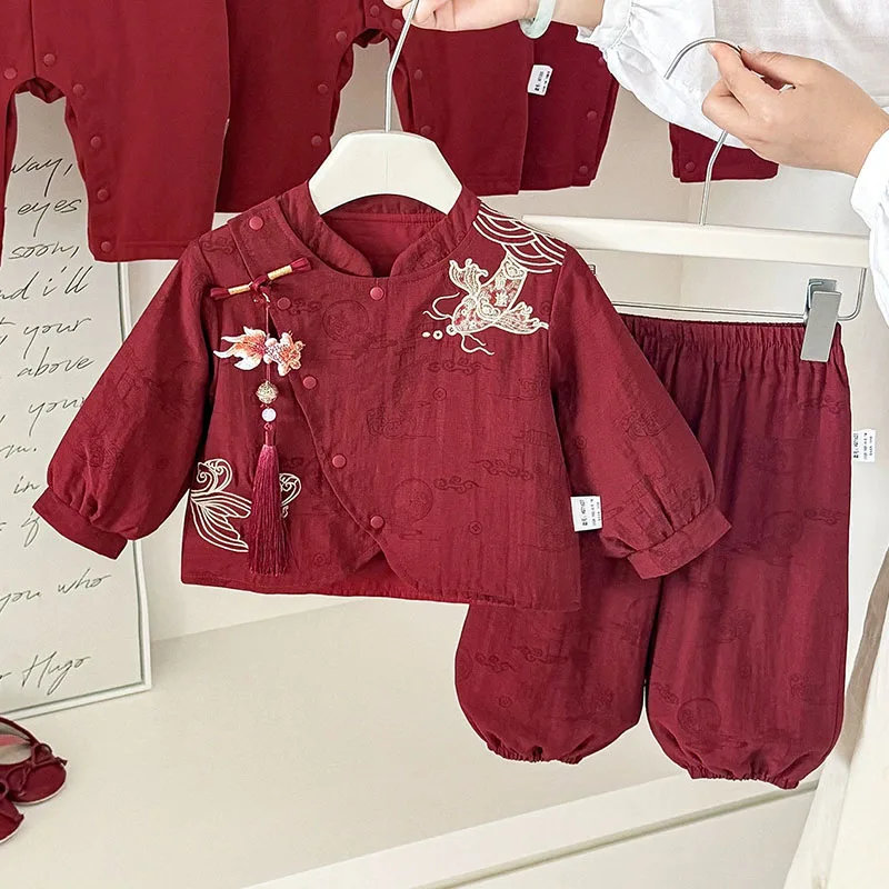 2点セット、夏用、新生児向け女の子の服、中国風、新年・誕生日に最適、刺繍入り、長袖、赤いトップスとパンツのセット、ベビー服セット-b392