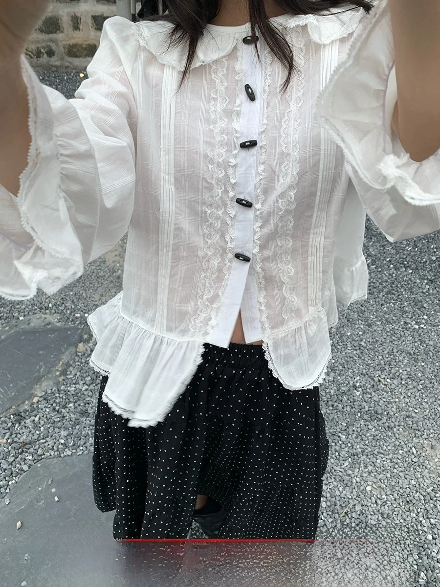 

Защитная от солнца кружевная плиссированная блузка с длинными рукавами и воротником-стойкой, свободного кроя, с пуговицами по низу