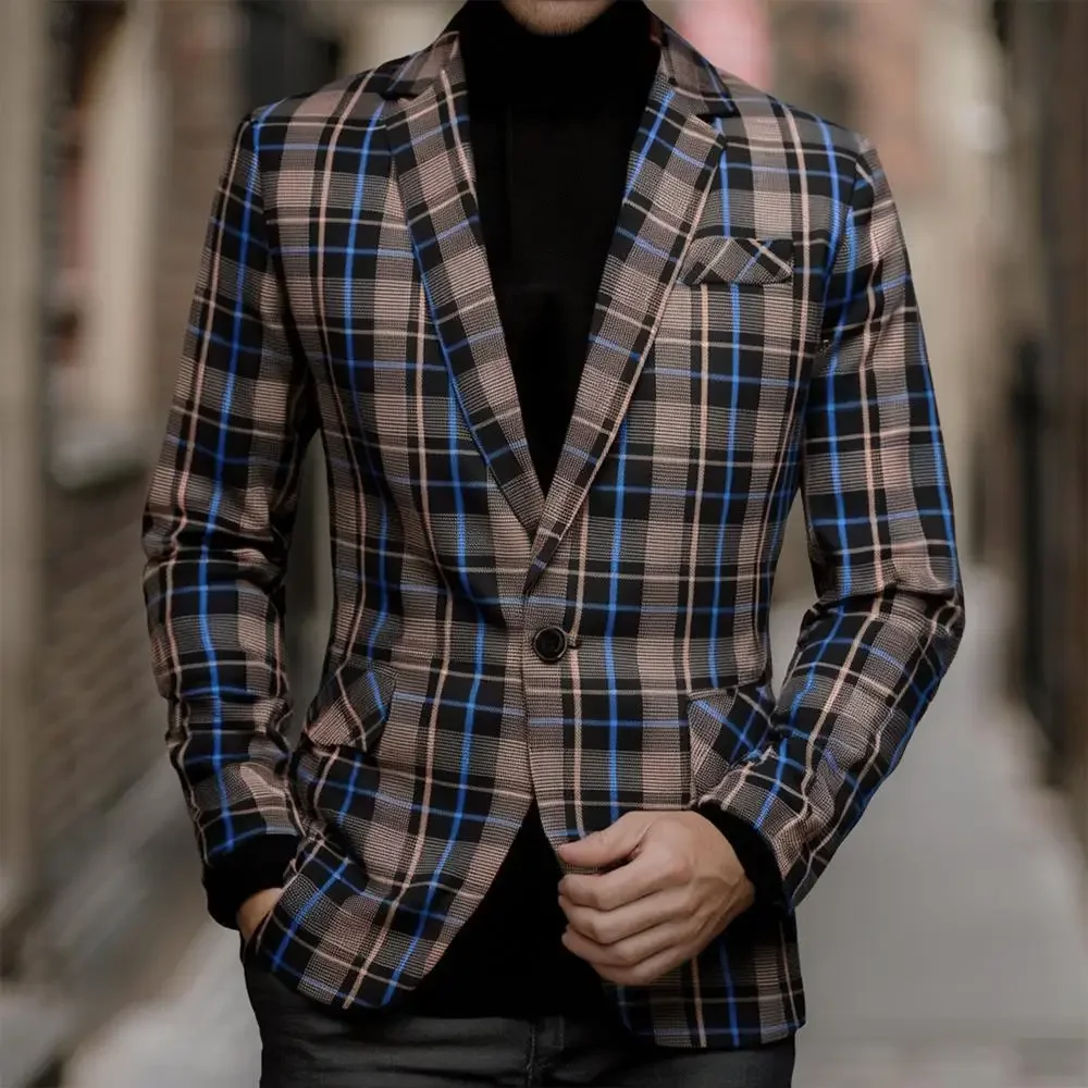 

Spring Autumn New Fashion Men's Casual Trendy Plaid One-button Suit Blazers Versatile Slim Vintage Blazers Male Men's Daily Tops