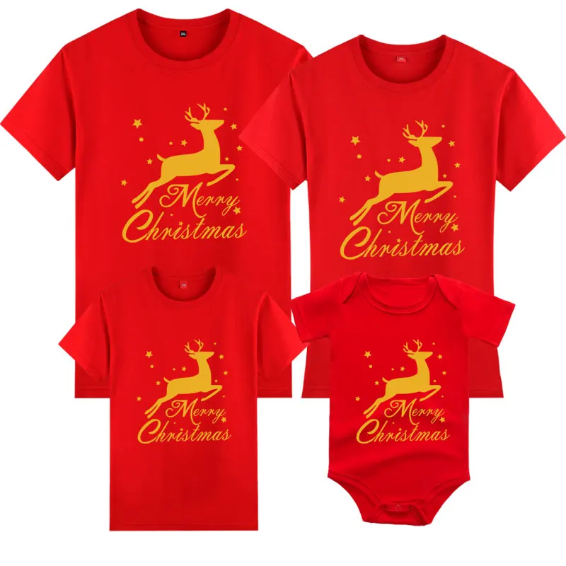 Christmas Mom Dad And Me Clothes Adult Kids T-shirt Baby Romper Short Sleeve Cotton Cartoon Print Family Matching Outfits