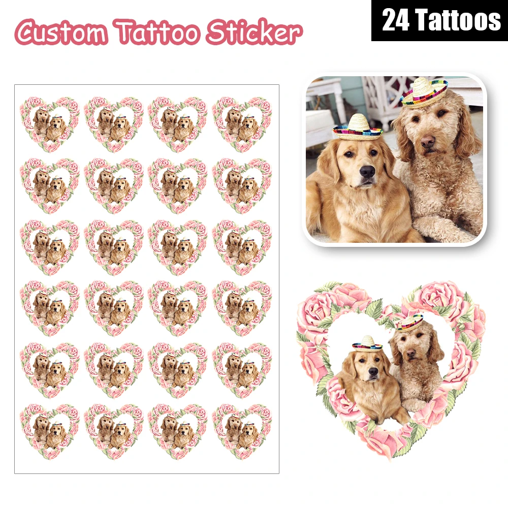 

24 дизайна, подарок для домашних животных, индивидуальные персонализированные водонепроницаемые временные татуировки, наклейки, персонализированный дизайн фото, венок с сердечком любви