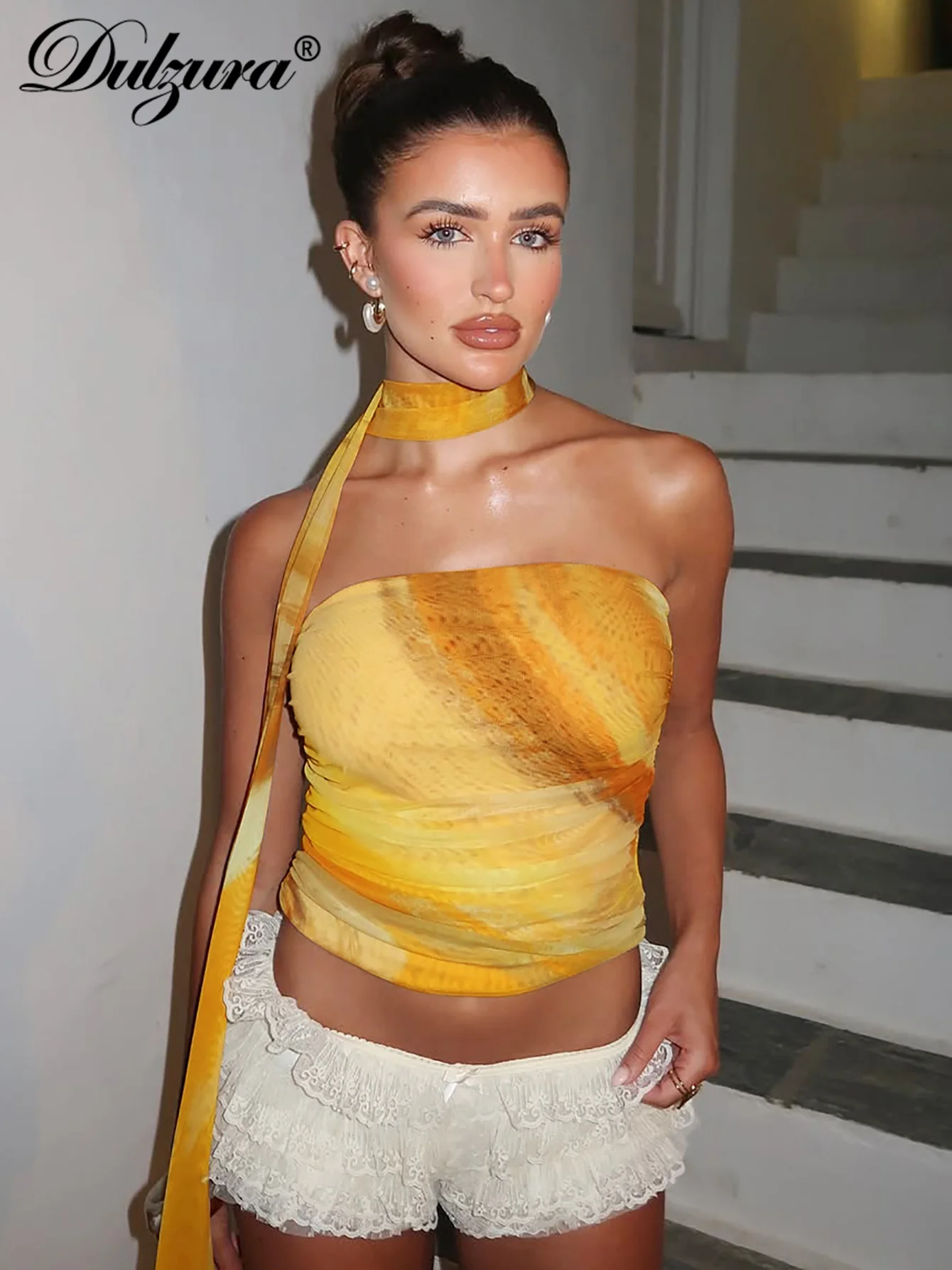 Dulzura Borst Wikkelen Ruches Backless Slanke Print Crop Tank Top Met Sjaal Sexy Elegant Casual Y2K Tops Party Club Street Outfit