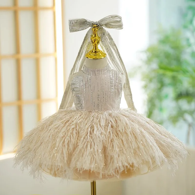 Children's First Birthday Dress for Girls, Light Luxury Niche Flower Girl Princess Dress, Little Host Piano Performance Catwalk