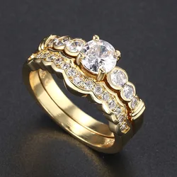 Set of Rings for Women Luxury Prong Setting Round Cubic Zirconia Gold Color Sparkling 2pcs Ring Sets Female Jewelry Gifts R782