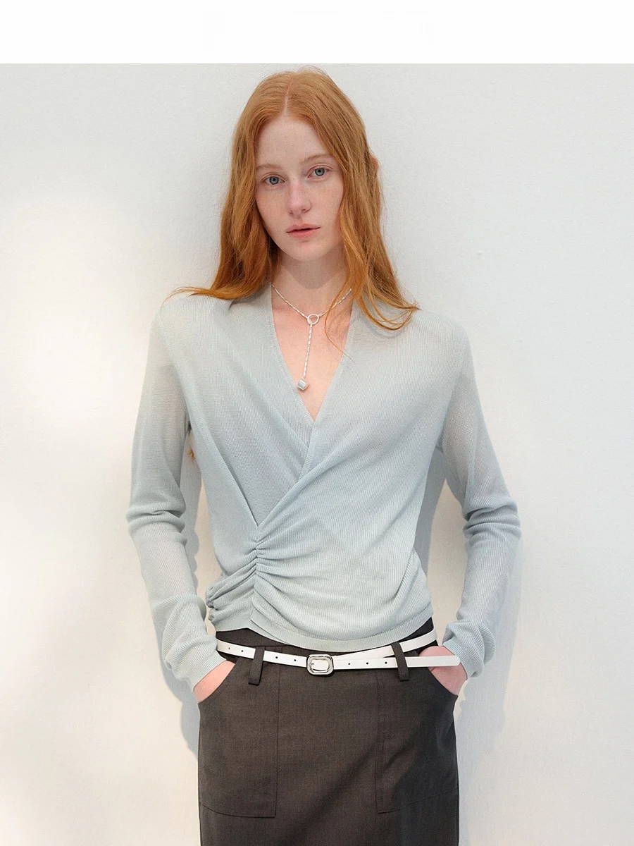 

Double-Sided Weave Knitted Sweater Women's Slim Fit V-Ne Casual Sle Long Sve Top with Pleats Waist-Crossed Design