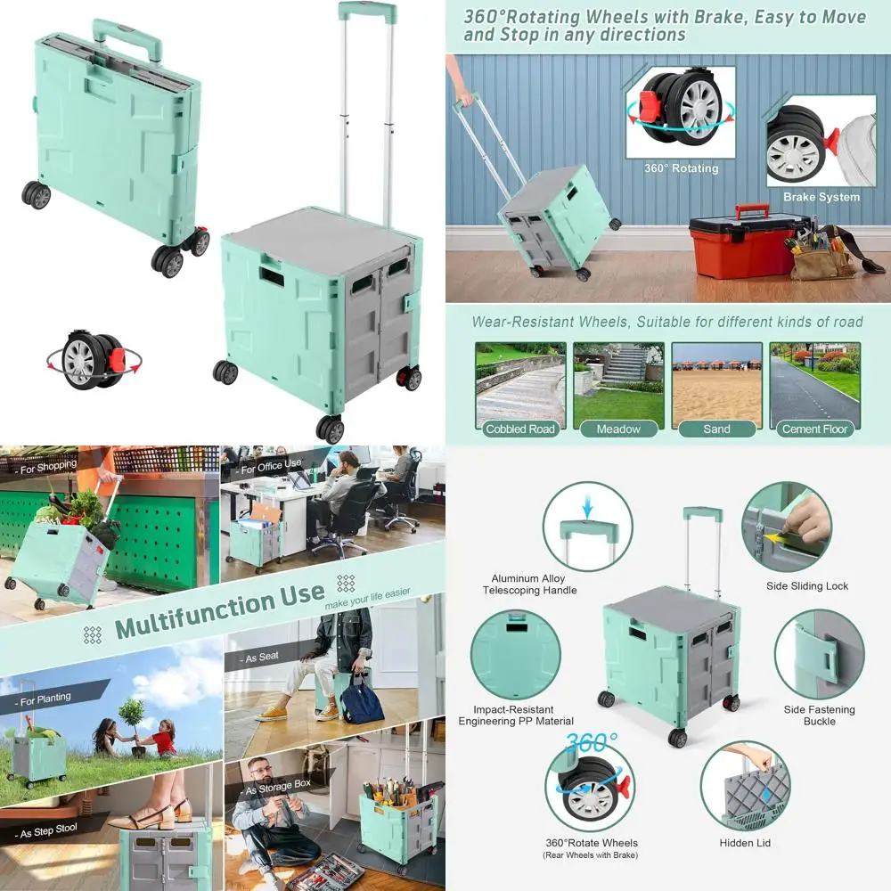 

Портативная тележка на колесах с телескопической ручкой, складной крышкой и 4 поворотными колесами - зеленый и серый цвета
