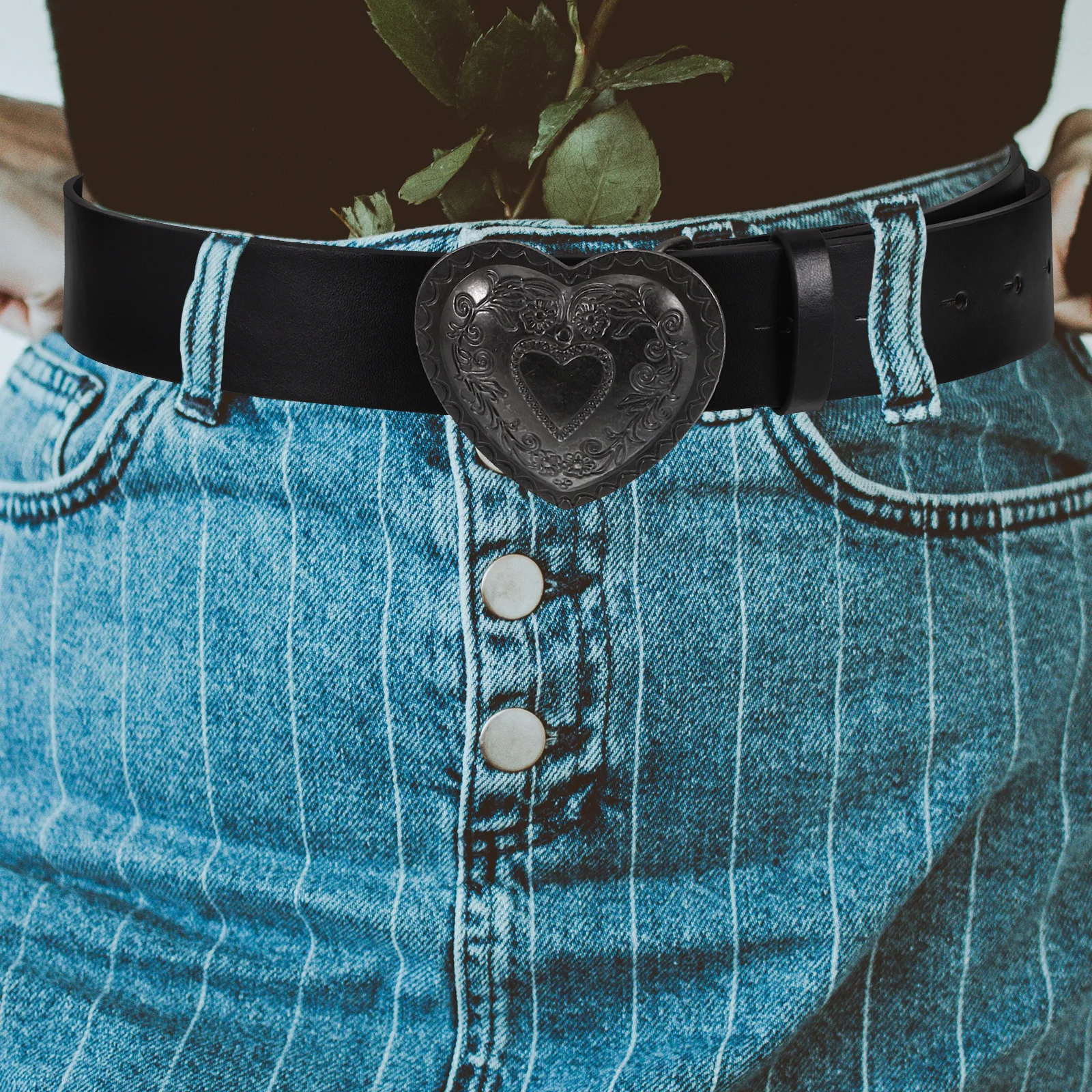 

Vintage Heart Engraved Buckle Belt for Women Fake Fashion Wide Waist Belt Casual Dress Jeans Pants Dress Belts for Women