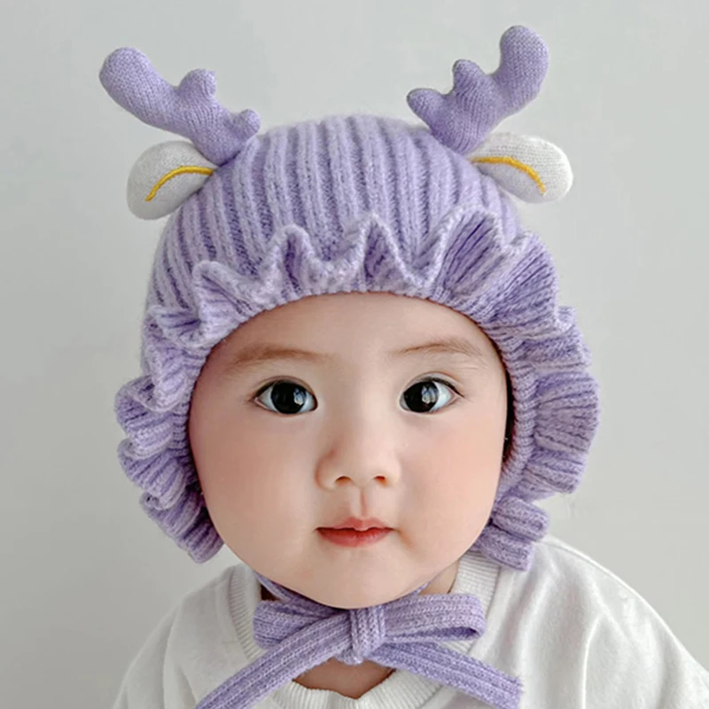 Cartoon Deer Baby Knitted Hat Winter Warm Infant Ear Protection Cap Solid Color Cute Antler Toddler Boy Girl Beanie Caps