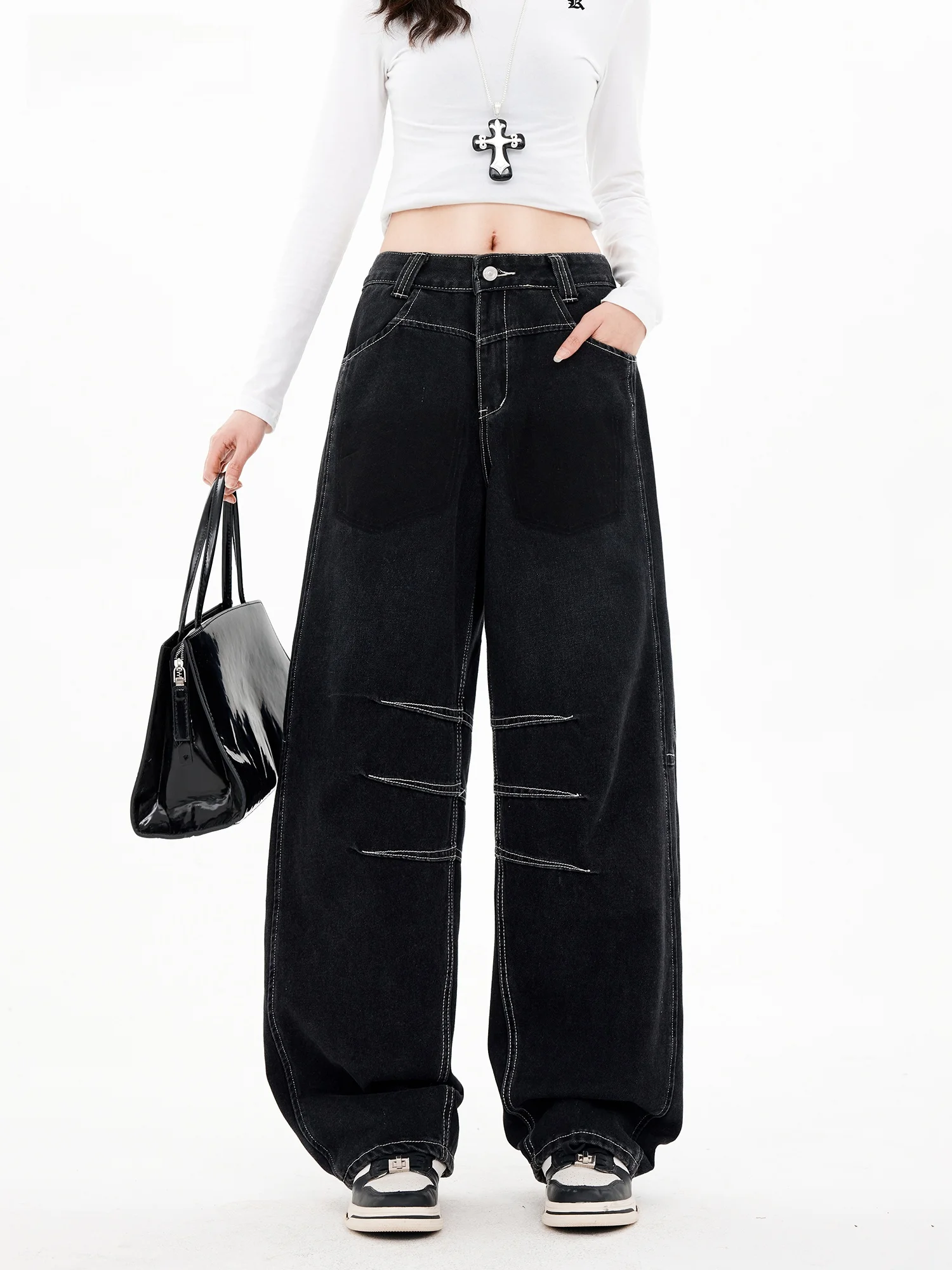 

Черные широкие джинсы из денима для женщин, винтажные, американские, оригинальные, синие, с эффектом похудения, повседневные, весна-лето, новинка