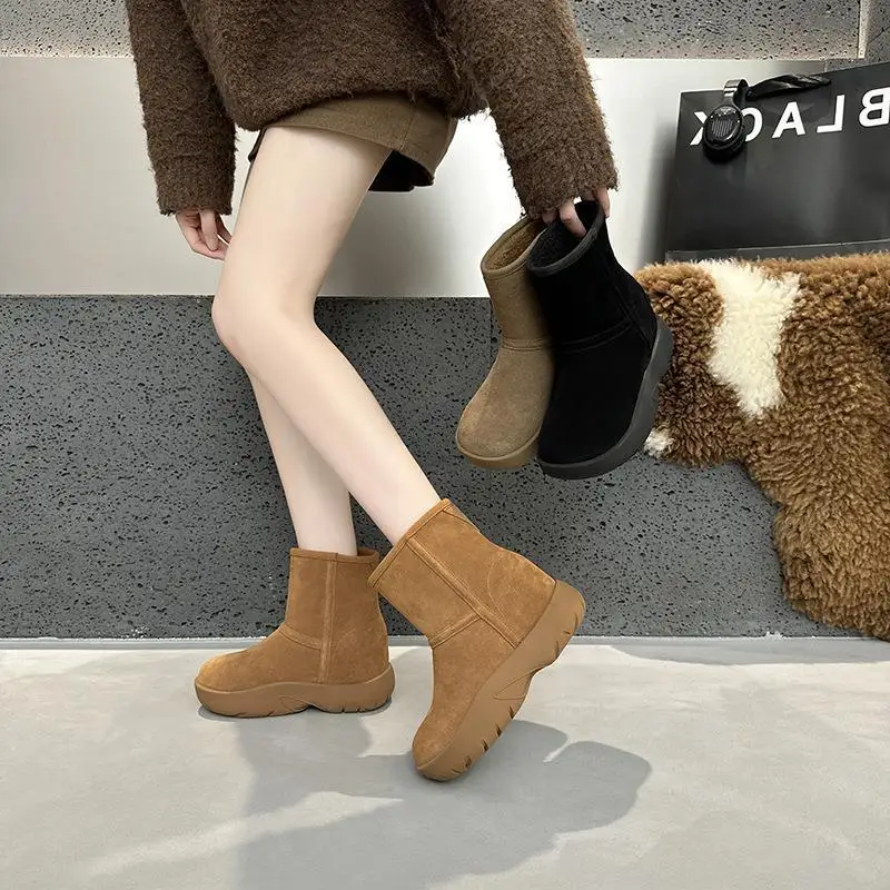 

Thickened Fur Lined Real Leather Snow Boots Heightening Winter Warm Casual round Toe Rubber Outsole Short Tube Boots