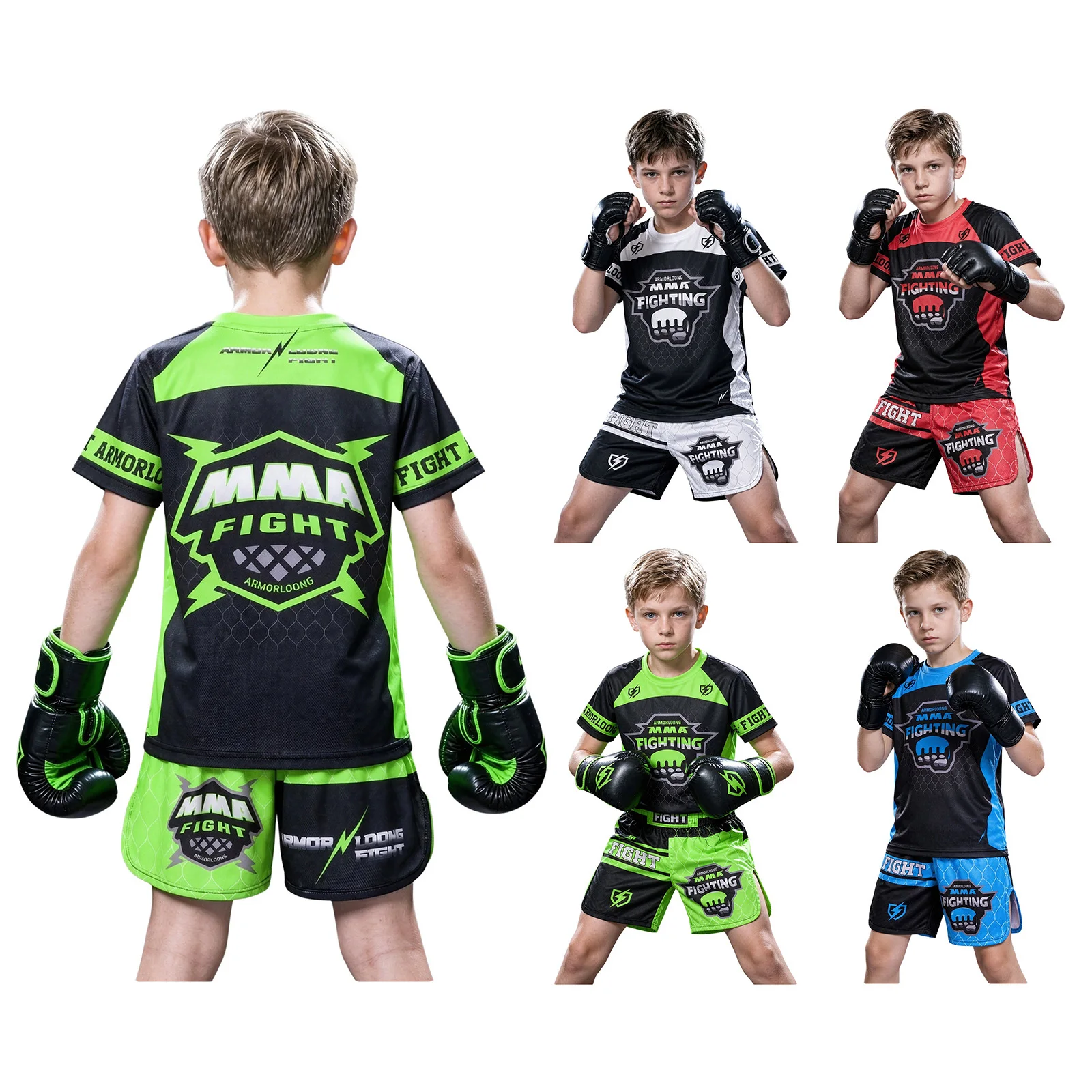 Jugend-MMA-Trainingsset für Jungen und Mädchen, Box-Outfit, Rashguard, Shorts mit seitlichen Schlitzen, Kinder-Kickbox- und Muay-Thai-Sportbekleidung – Detail 2
