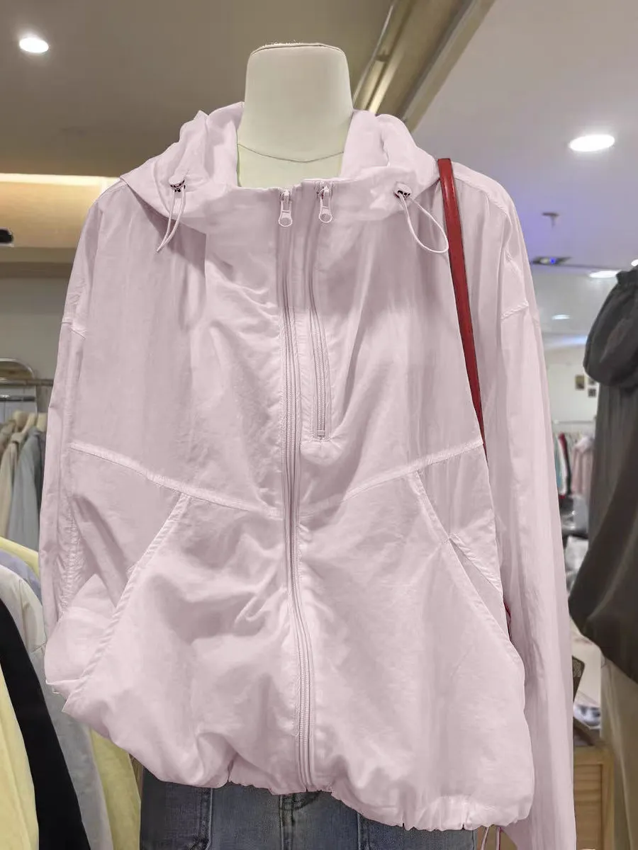 Lightweight Spring Summer Pink Double Zipper Design Single Layer Hooded Jacket Women's Sun Protection Top Fashionable Outerwear