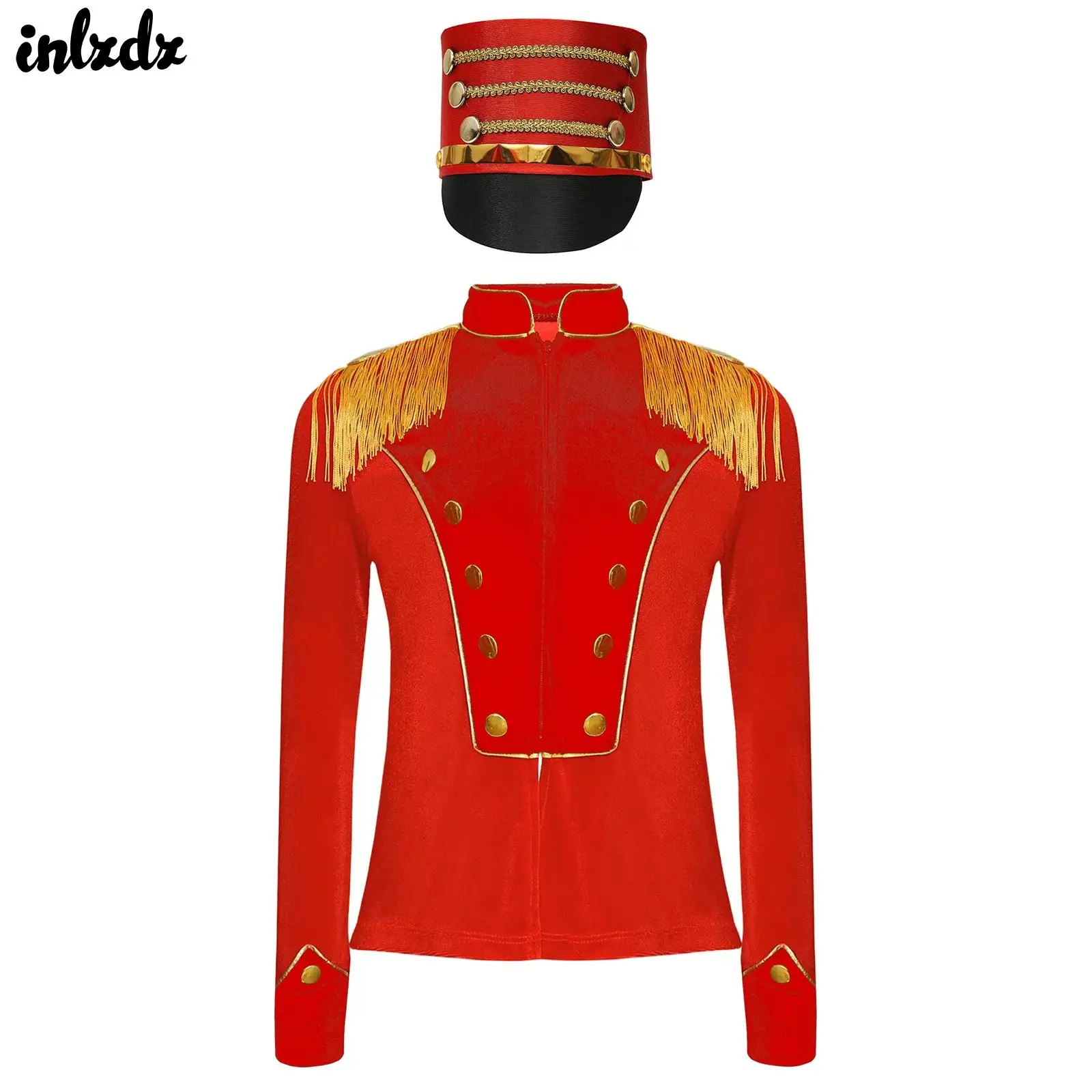 Kids Girls Honor Guard Drum Major Majorette Cosplay Costume Circus Ringmaster Costume Long Sleeve Fringe Epaulet Jacket with Hat