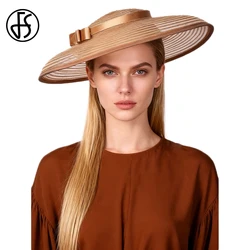 FS White Brown Summer Beach Sun Hats For Women Wide Brim Kentucky Derby Hat With Bowknot Tea Party Fascinators Cap Chapeau Femme