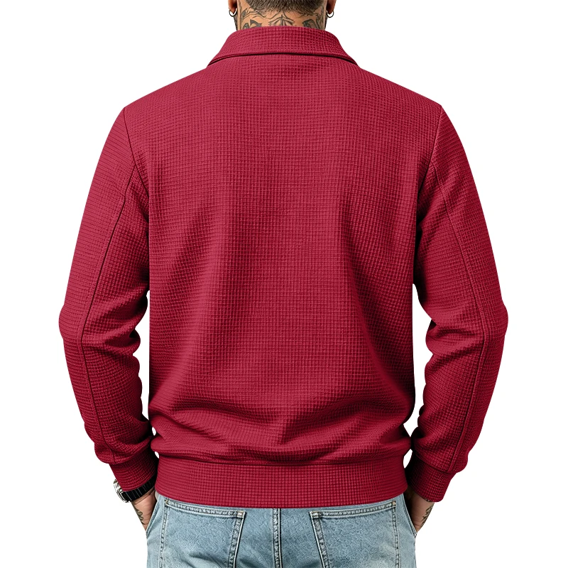 Herren Frühlings- und Herbstjacke aus Waffelstrick mit Reißverschluss, lässig, locker, leicht, mit Kragen, für den Alltag. – Detail 24