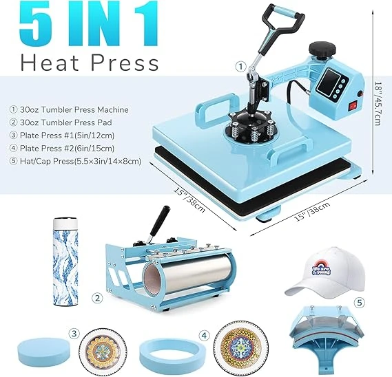 Heat Press Machine, 15x15 Heat Press for t Shirts with Attachment 30oz Sublimation Tumblers Press, Hat Press, Plate Printing