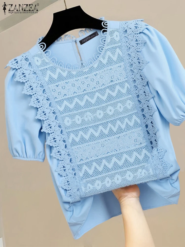 

Vintage Lace Blouse Women Short Sleeve Casual Tops Fashion Solid Color Blusas O-Neck Oversized Pacthwork Tunic 2025 ZANZEA