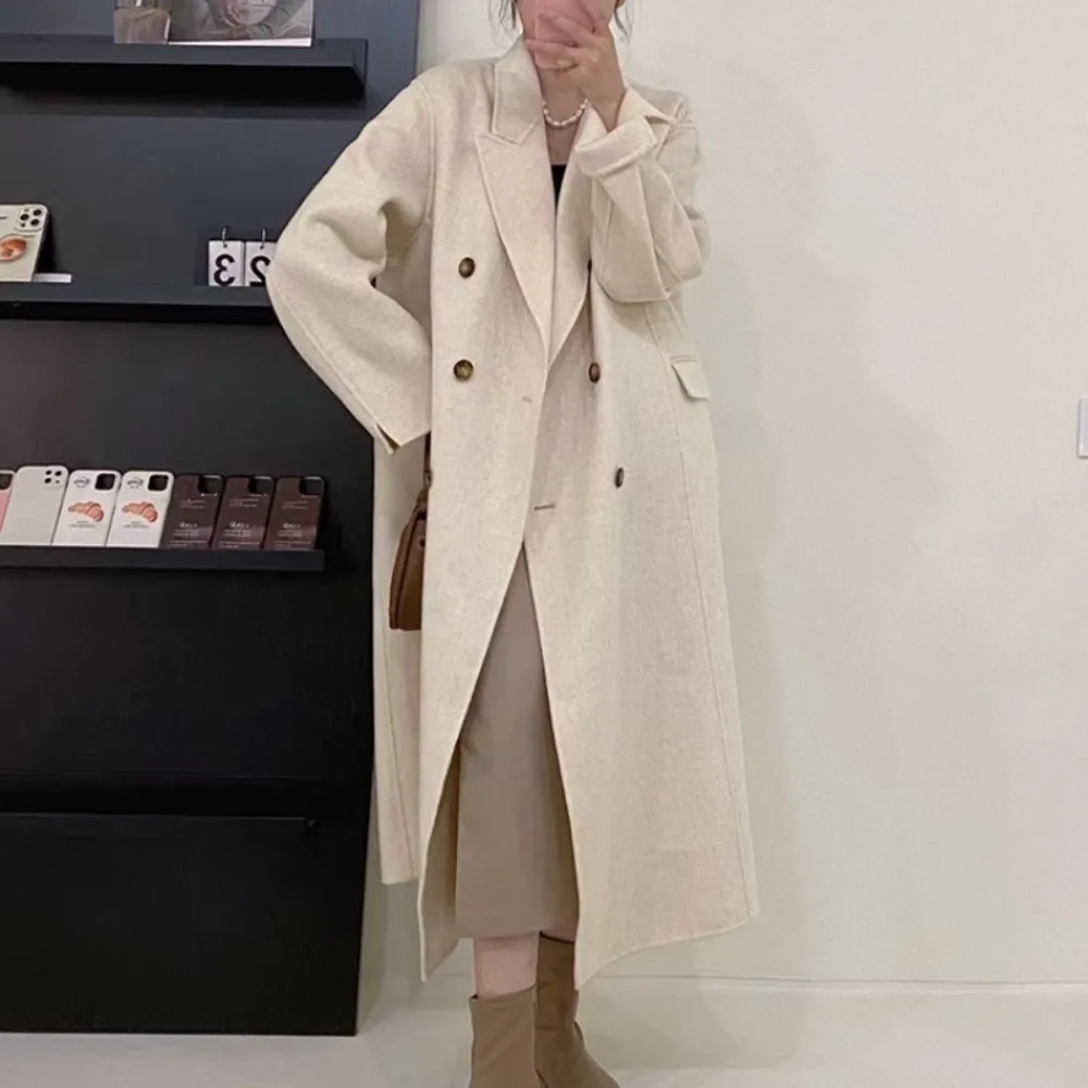 2024 Autumn Winter New Drouble Breasted Woolen Coat Women Tailored Collar Long Loose Woolen Jacket Female Casual Fashion Korean