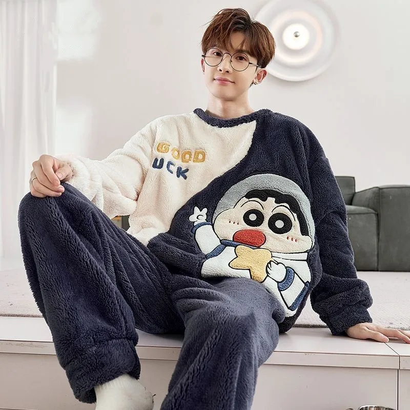 Naruto Coral Velvet Pajamas Men Winter Thickened Flannel Home Clothes Suit Cartoon Anime Sasuke Round Neck Sleepwear Set Male