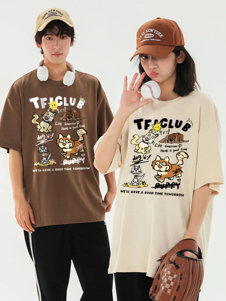 Graffiti Cat and Dog Pattern Couple T-shirt 2024 New Funny Graphic T-shirt Summer Oversized Loose Casual Short Sleeves