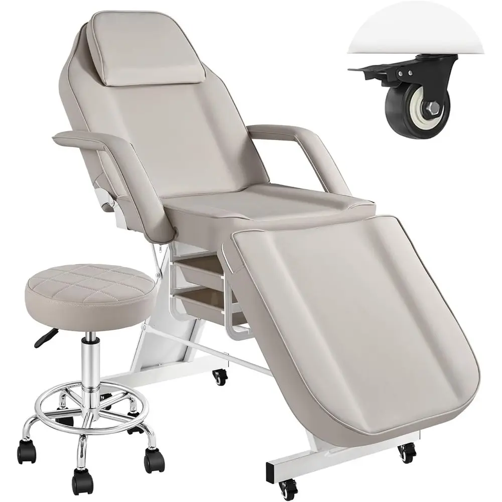 Professional Adjustable Tattoo Chair with Wheels, Esthetician Massage Bed with Stool, Pro Salon Lash Tattoo Table with Breathing
