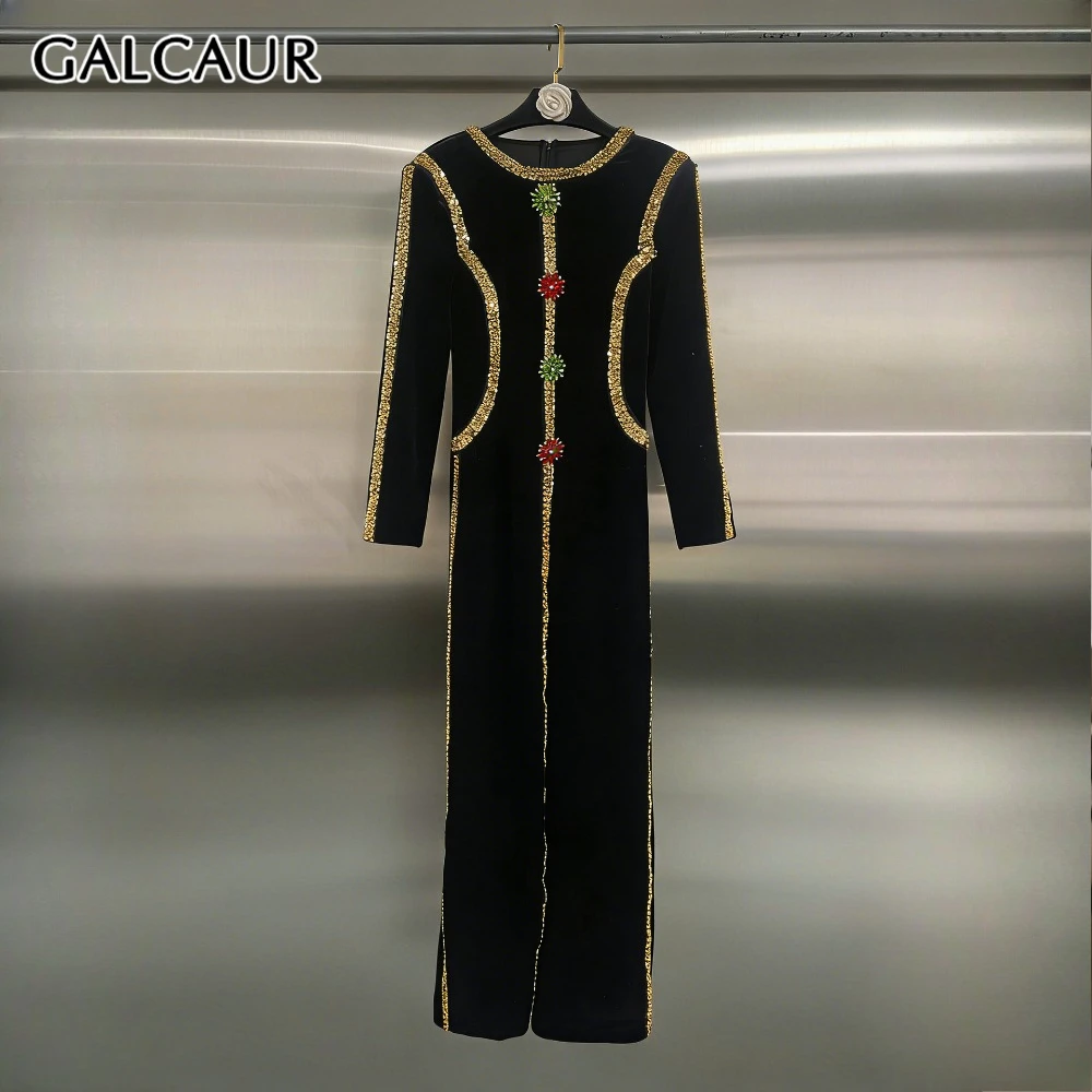 

GALCAUR Black Spliced Diamonds Chic Dress Female O Neck Long Sleeve Loose Vintage Elegant Women's Dresses Fashion Autumn Style