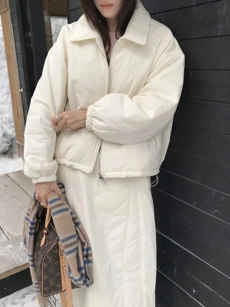 

Повседневные парки из двух предметов, женский зимний стеганый одинаковый комплект, куртка на молнии, пальто и юбки трапециевидной формы с эластичной резинкой на талии 2025