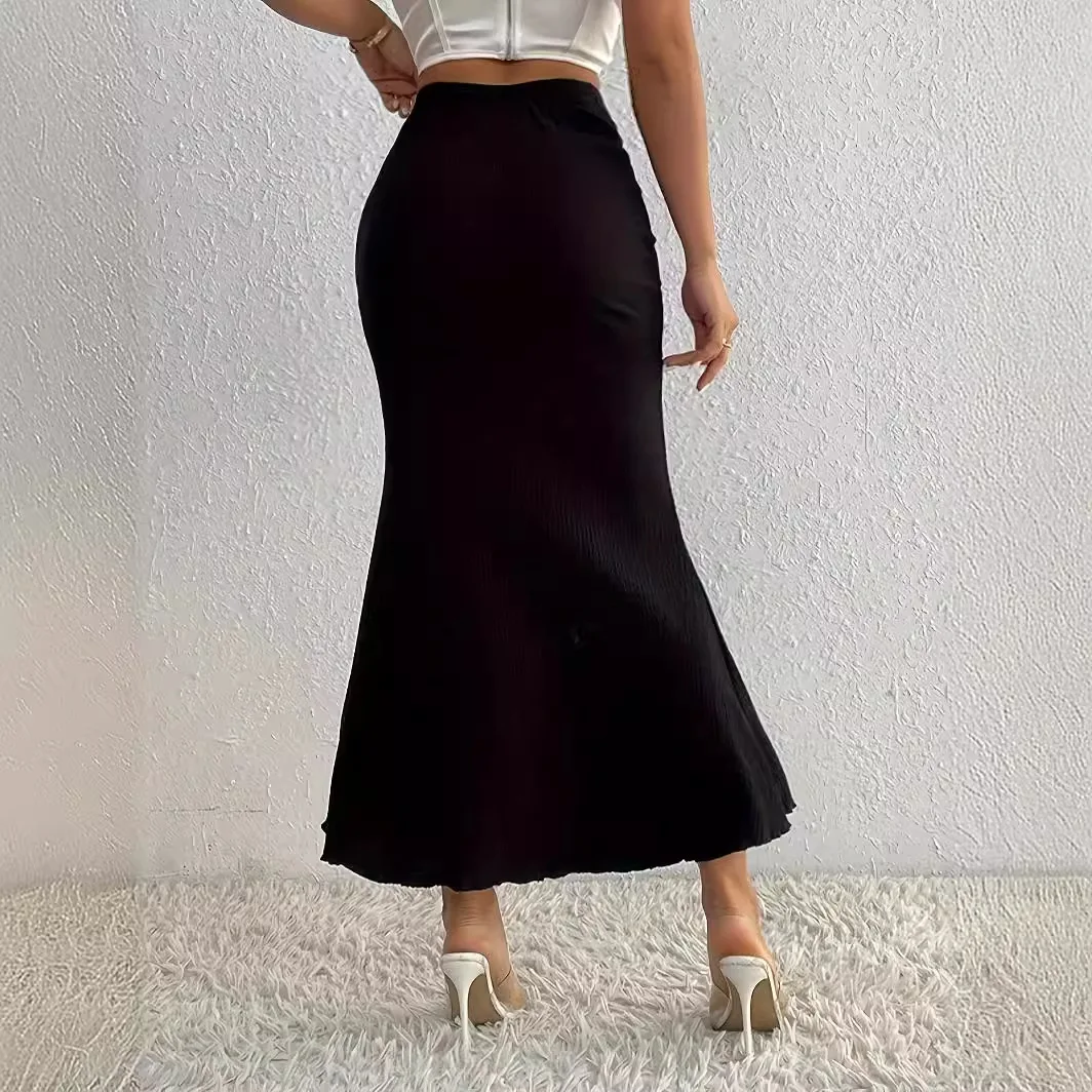 Черная элегантная юбка с подолом русалки, женская летняя Клубная юбка с высокой талией и рюшами, Женская мода 2024, юбки макси, уличная одежда