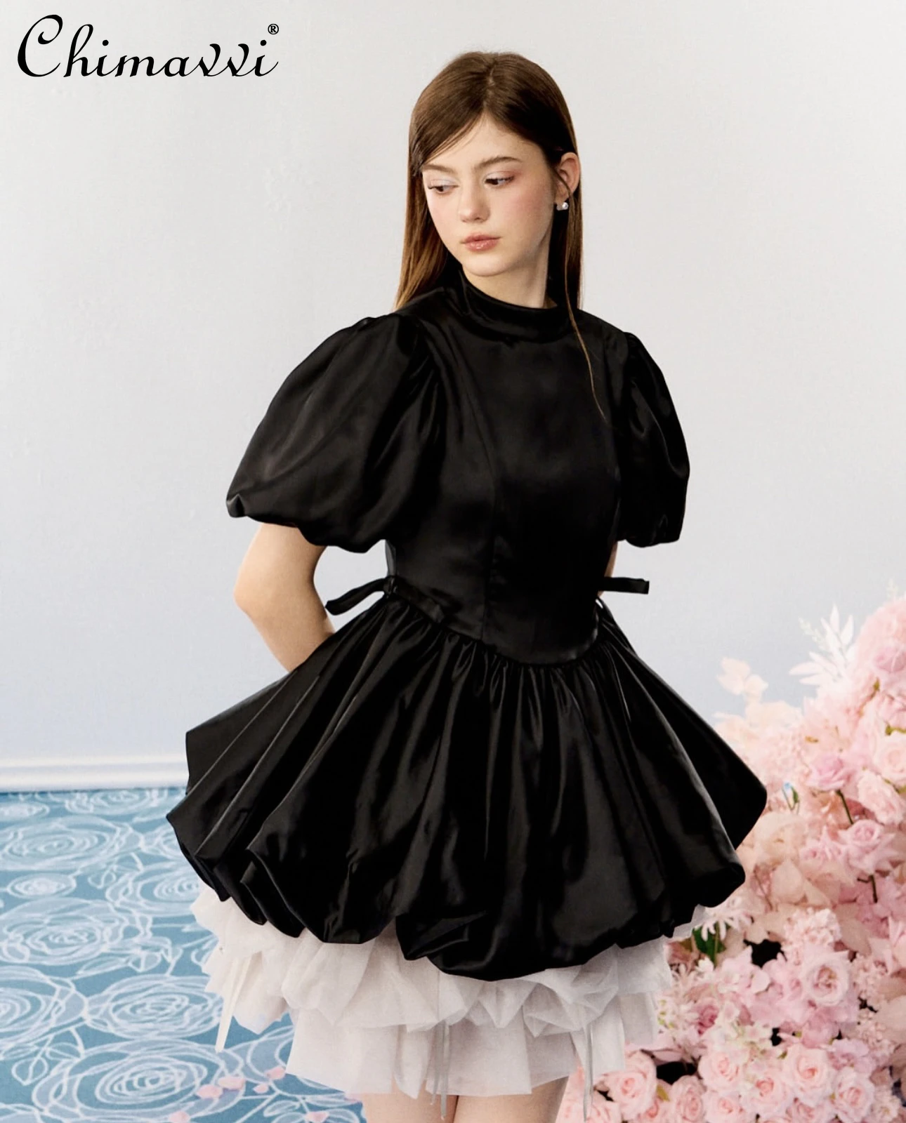 Japanese Sweet Sexy Backless Satin Short Princess Dress 2025 New Fashion Bubble Sleeve Slim Birthday Party Puffy Dress Women