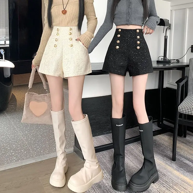 Fashion Streetwear Winter Shorts Women Korean High Waist Cute Sequined Tweed Booty Shorts Loose Wide Leg Short Pants TT971