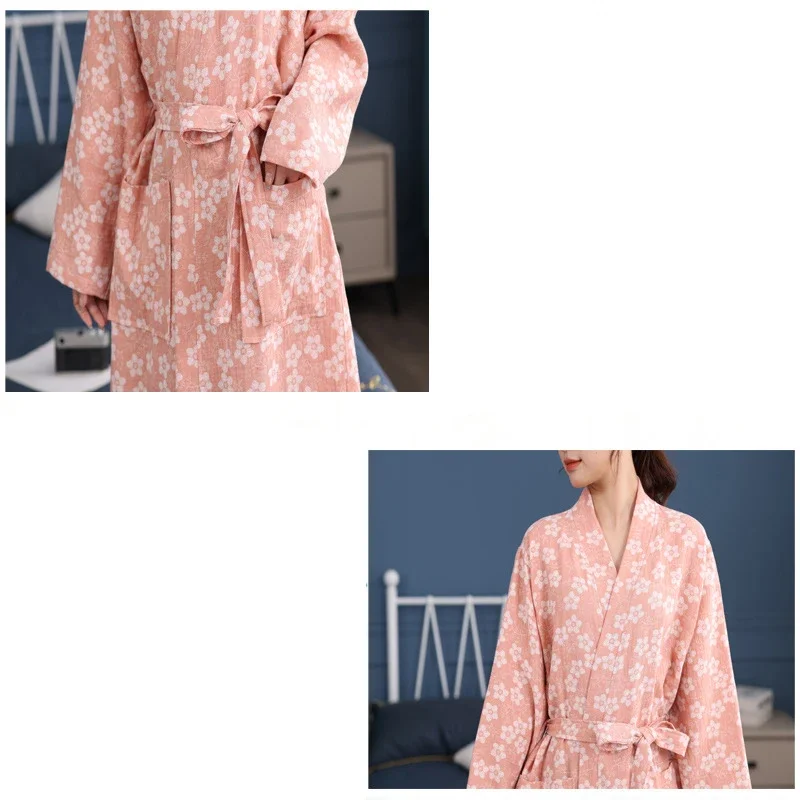 Flower Printing Cotton Bathrobe Thin Home Clothing for Couple Pajamas Absorbent and Quick Drying Bathrobes with Double Pockets