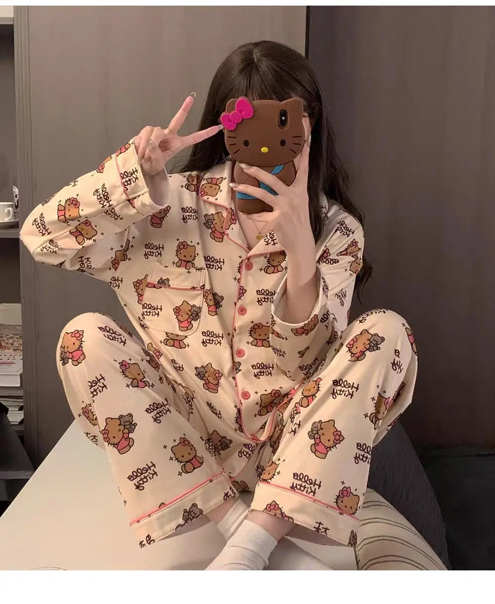 2025New Hello Kitty Pajama Set Anime Sanrio Thickened Warm Homewear Set Woman's Pajama Pants Suit Sweet Girl Loungewear Gifts