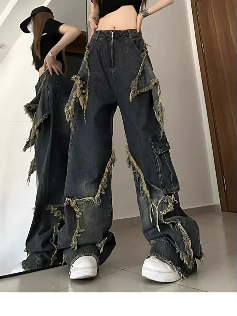 Imagem -03 - Calças Vintage de Cintura Alta Estilo Americano Patchwork Perna Larga Denim Calças Streetwear Y2k Moda Grunge