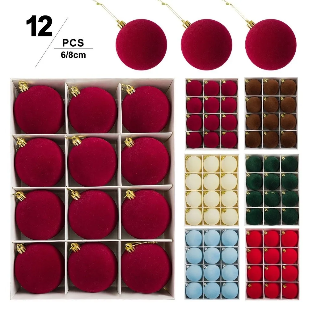 12pcs 6cm Christmas Ball Ornaments Vintage Style Gold Hanging Caps Flocked Christmas Hanging Ball Round Shape