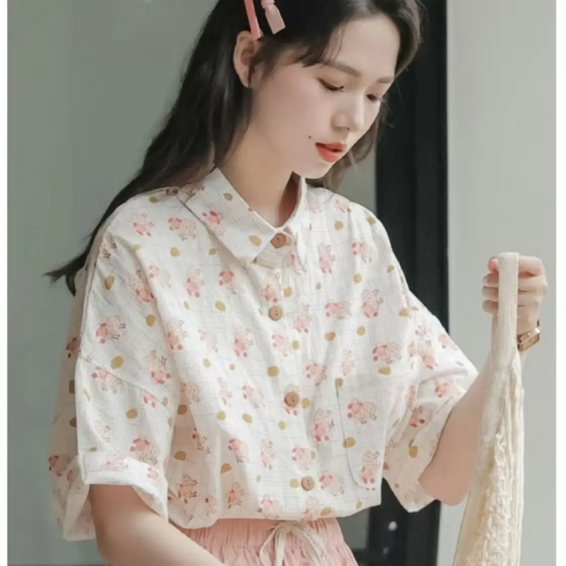 Japonês dos desenhos animados impresso moda coreana manga curta camisas soltas mulheres casual lapela botão acima camisas verão blusas mujer 2025