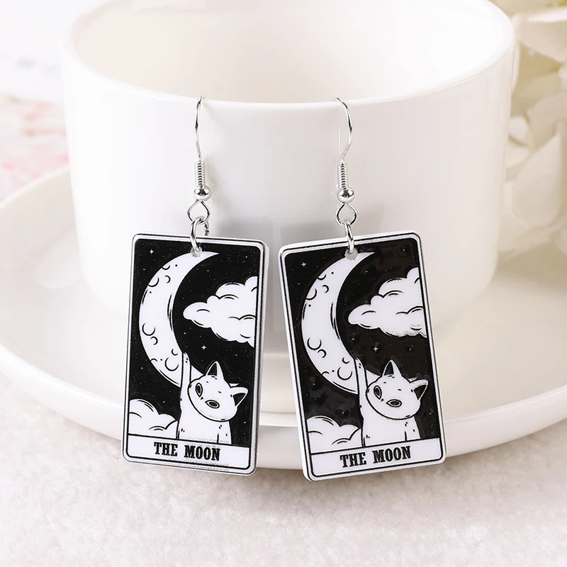 Pendiente de gota de gato blanco y negro, Charms de tarjeta de Tarot, sol, luna, estrella y los amantes, tarjeta de adivinación, regalo de joyería de moda, 1 par