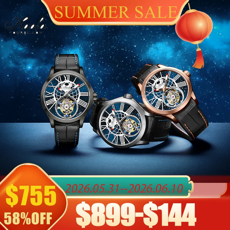 Haofa Flying Tourbillon Watch for Men Sapphire Manual Movement Mechanical Mens Wristwatch Luxury Starry Sky Dial Waterproof 1089
