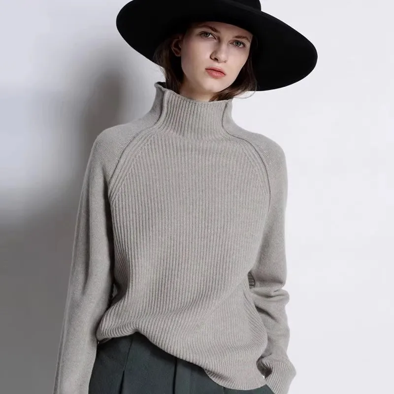 

2025 Autumn/Winter New Women's Half-High Neck Thickened Loose Knit Base Sweater 100% Cashmere Sweater Women