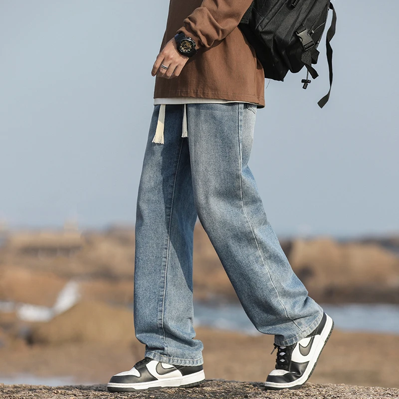 

Men's loose straight leg pants for summer, lightweight washed, waist breaking, elastic, casual jeans, denim pants, comfortable,