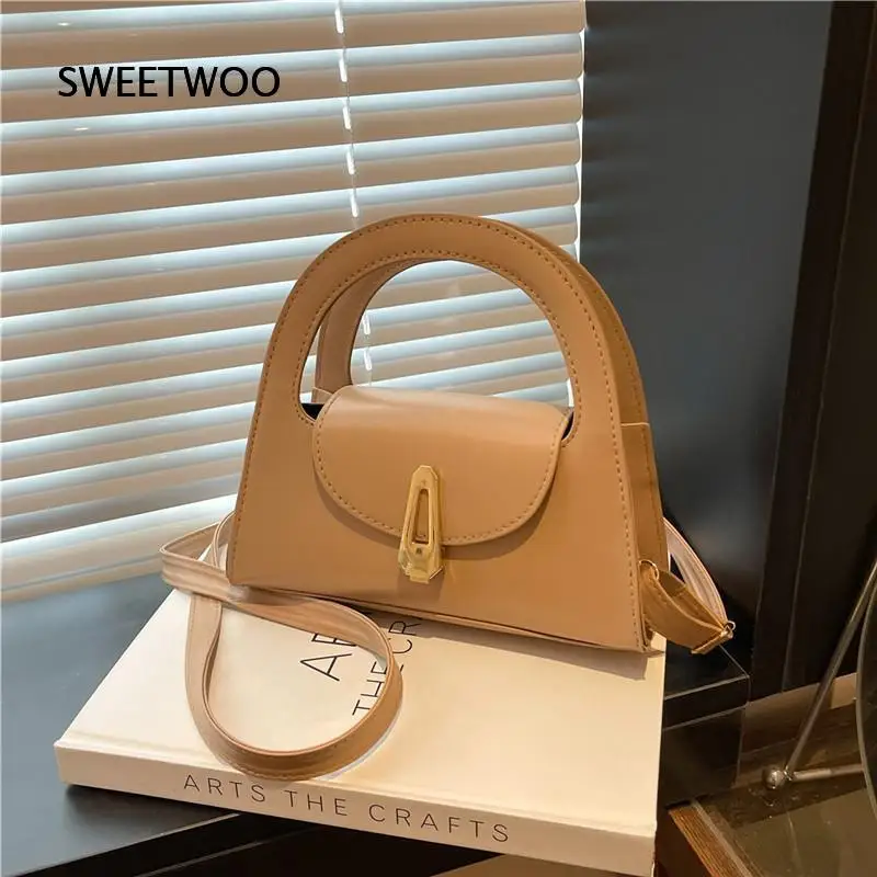 Apricot Semi Circle Handbag Hollow Curved Handle Gold Geometric Buckle Detachable Strap Crossbody Purse