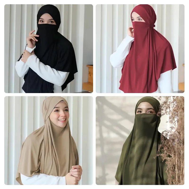 Bufanda étnica musulmana Lisa grande para mujer, Hijab islámico musulmán, turbante instantáneo, bufandas árabes, envolturas para la cabeza Khimar (FRNT56CM,BK90CM)