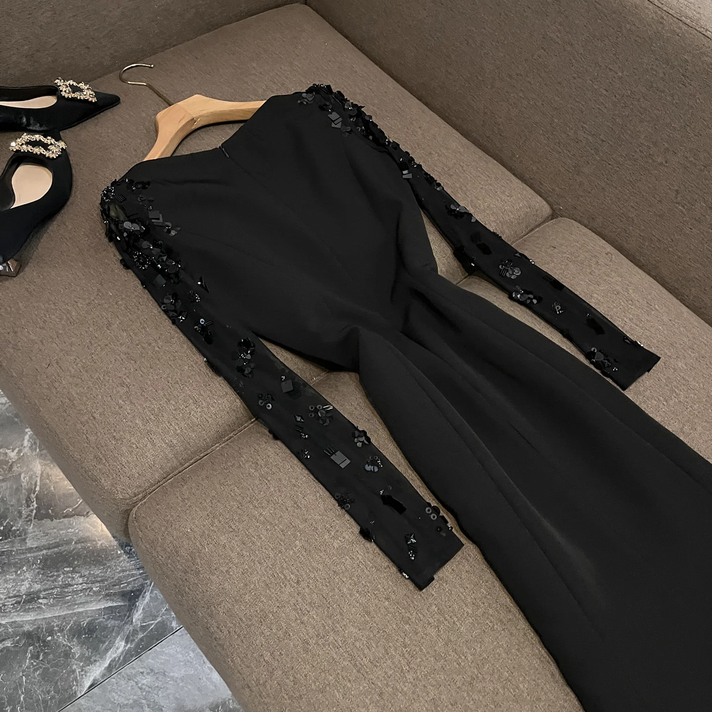 Winter 2025 Nieuwe Sle Dames Zware Verfraaid Beige Tule Gesplitste Avond Dr Lange Rok Jaar Conferentie X22 Midi Dr