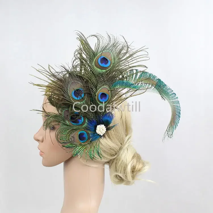 1920s Peacock Feather Fascinator Headband Clothing Hairpin Head Trim Side Clip Performance Party Event Accessories Bride