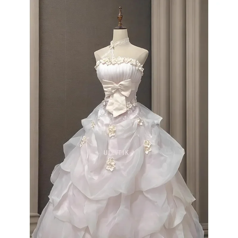 Vestidos de novia de color rosa claro de lujo para mujer, vestidos de novia con lazo y apliques sin tirantes, vestido de fiesta de noche elegante hasta el suelo 2025