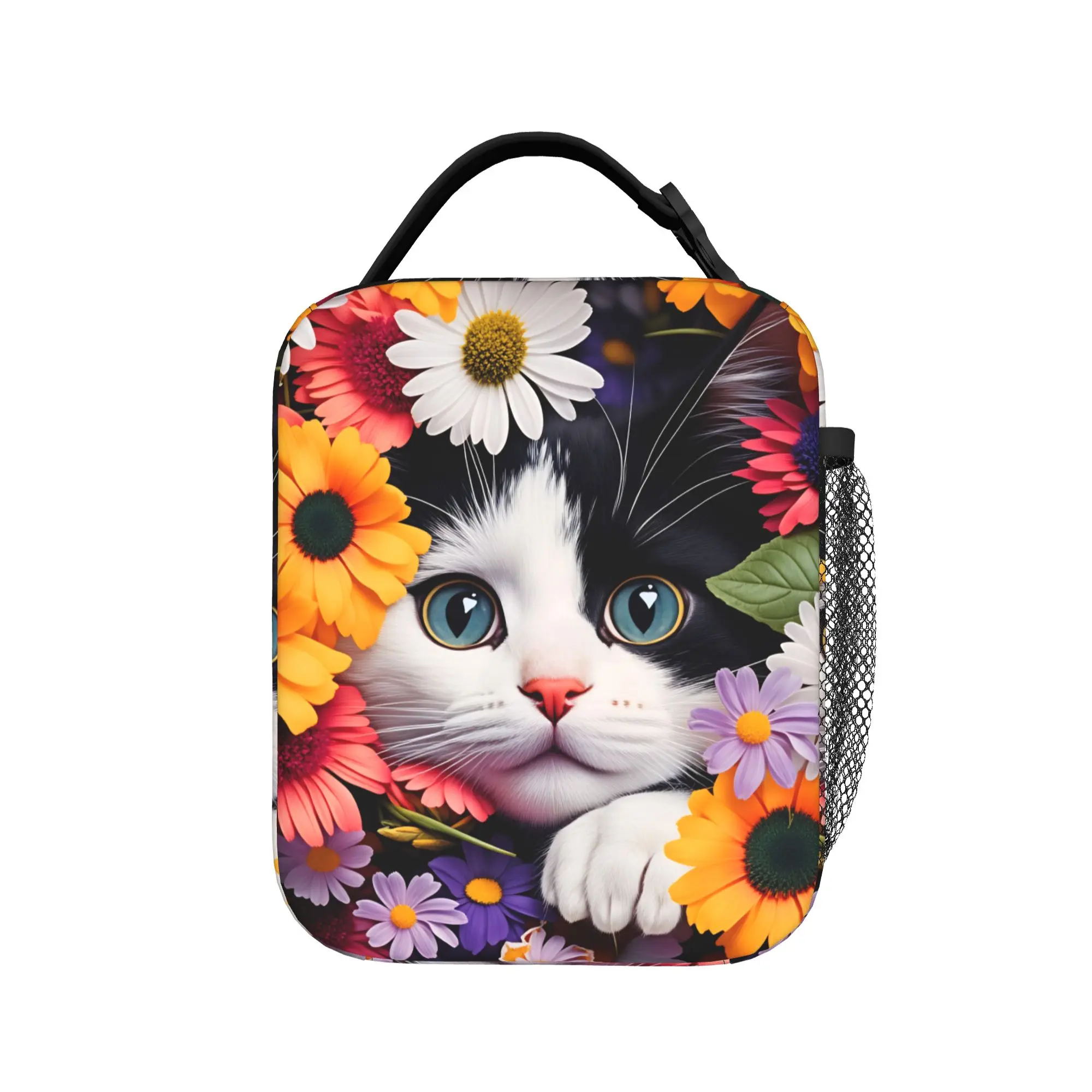 Kawaii Sunflower Black & White Cat Peeking Lunch Bag For Women  Print Lunch Box Cooler Bag Portable Zipper Thermal Tote Handbags