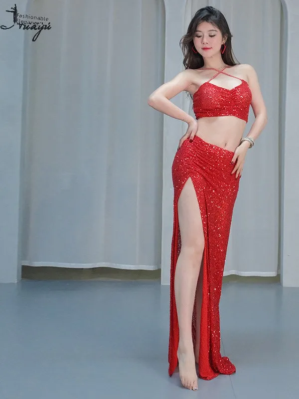 Fsia de Dança do Ventre Sexy Conjunto de Saia Longa Traje de Performance Brilhante Dança Oriental E Vestuário Trad...