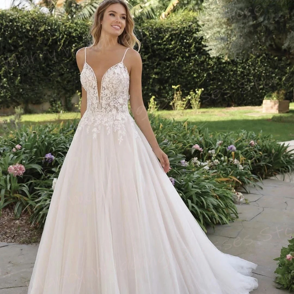 Elegantes vestidos de casamento A-Line femininos, modernos apliques de renda, vestidos de noiva encantadores, cintas espaguete, vestidos bonitos