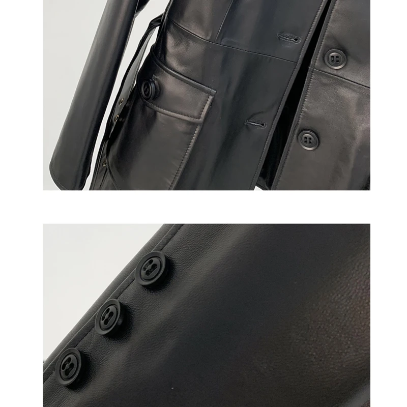 100% Real Leather Jacket Women Mid-length Lace-up Belt Slim Waist Coats Fashion Single-breasted Female Casual Sheepskin Coats