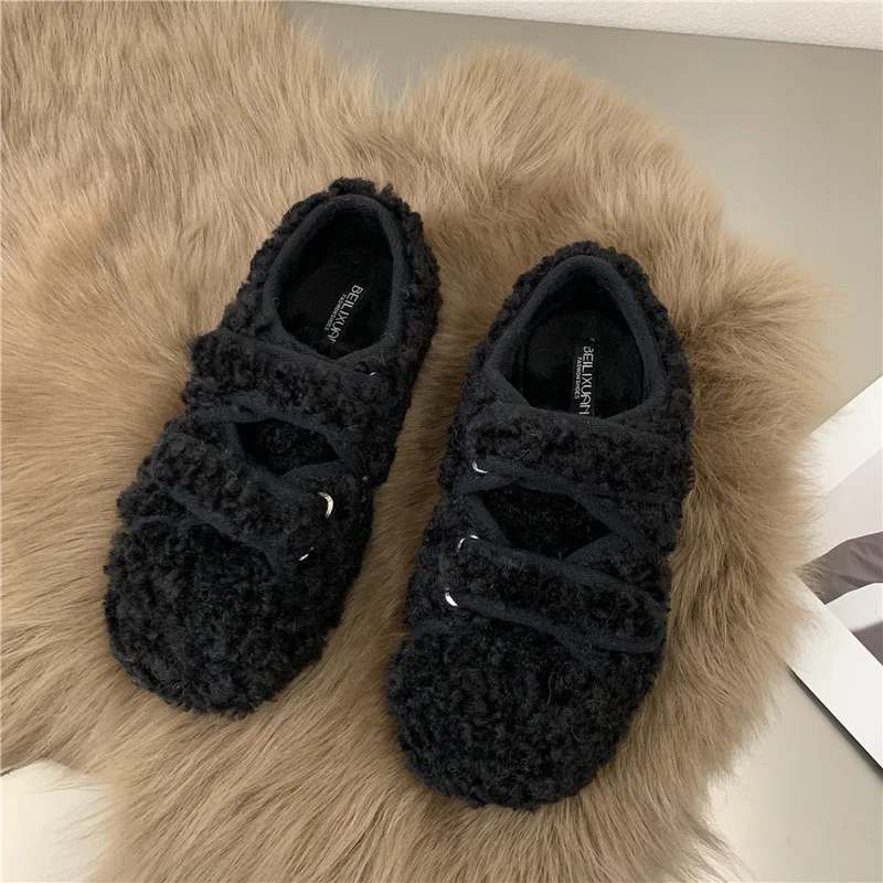 

BKQU Fashion Lamb Wool One Word with Flat Bottom Fur Shoes Autumn and Winter New All-match Outer Wear Lazy Beanie Cotton Shoes